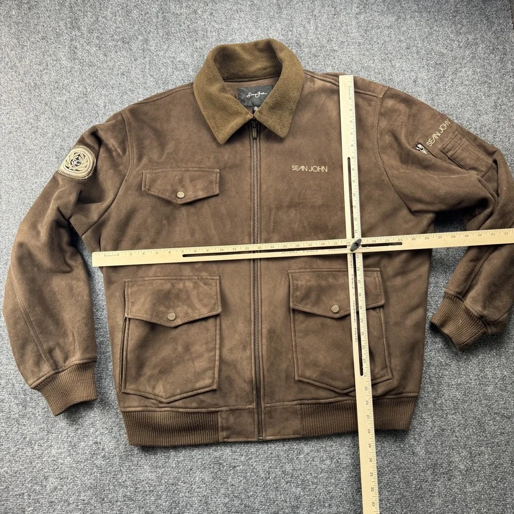 Sean John Jacket Mens XL Brown Faux Suede Bomber Full Zip Embroidered‎ Pockets - Picture 5 of 9